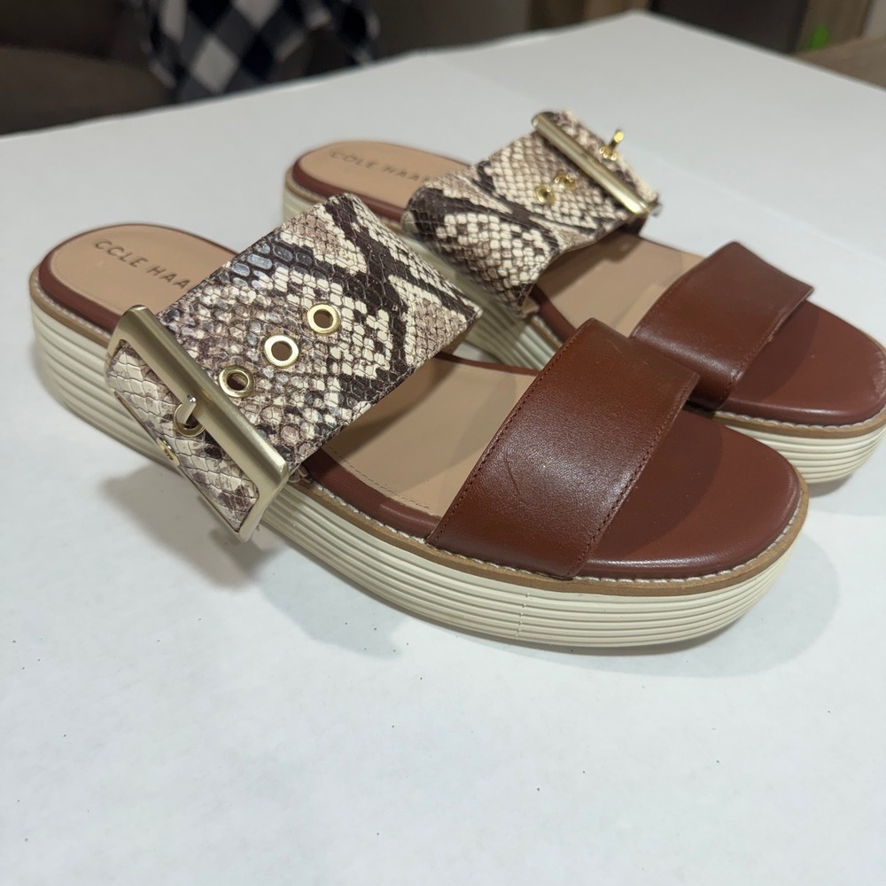 Cole Haan Grand Ambition Snakeskin Platform Slide Sandals Brown W29421 Size 8.5B